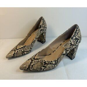 Steve Madden Savy Snake Women Size 8.5M Block Heel Pumps Beige Black Metallic